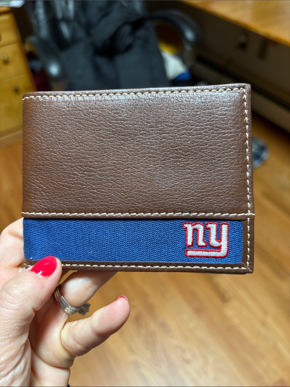 Brown Leather Bifold Wallet with Blue Team Stripe- NY Giants